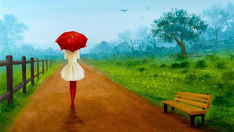 Acrylic landscape Painting _ Girl walking on the road _ Countryside Painting