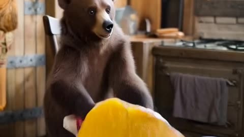 Baby bear cooking in the kitchen