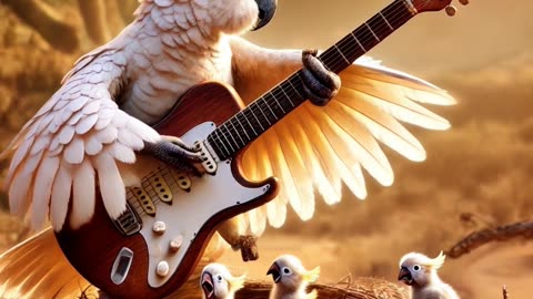 Red Macaw parrot playing electric guitar