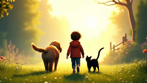 Cat, dog and baby visit in garden