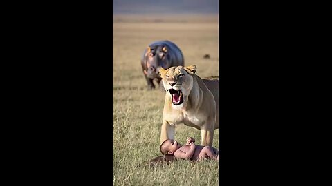 A hippo protect a human baby from being eaten by a Lion..