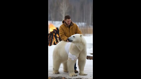 A polar bear injured for a long time was helped by a kind man to bandage his wound