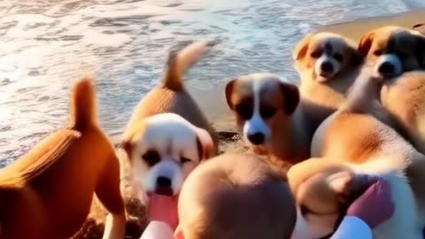 little baby playing with cute puppies