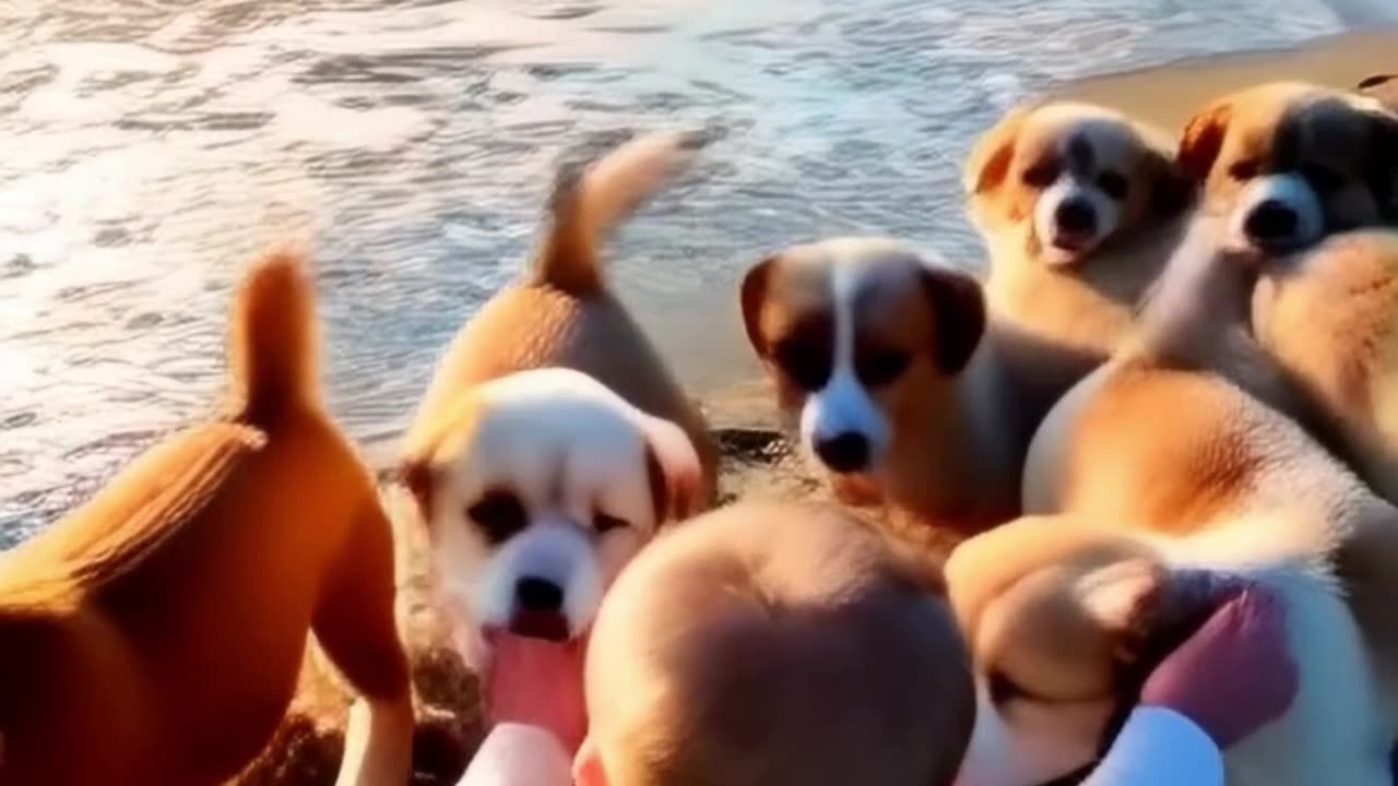 little baby playing with cute puppies