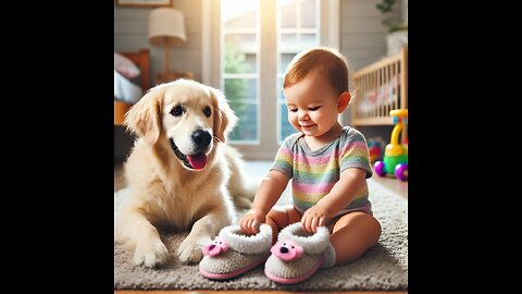 Cute baby is making her pet dog wear slippers