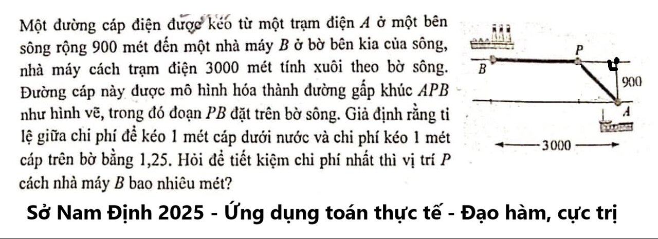 Sở Nam Định 2025: Một đường cáp điện được kéo từ một trạm điện A ở một bên | sông rộng 900