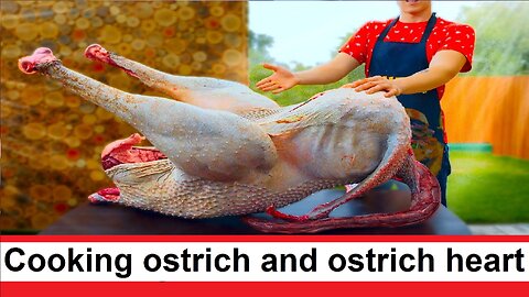 Cooking ostrich and ostrich heart together with ostrich meat steaks