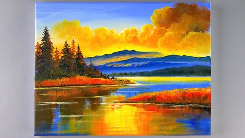 Acrylic Painting _ Radiant Sunset Lake _ Painting Tutorial