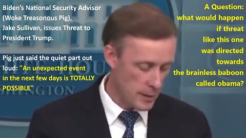 Biden’s National Security Advisor (Woke Treasonous Pig), Jake Sullivan, issues Threat to President Trump. Pig just said the quiet part out loud: "An unexpected event in the next few days is TOTALLY POSSIBLE"