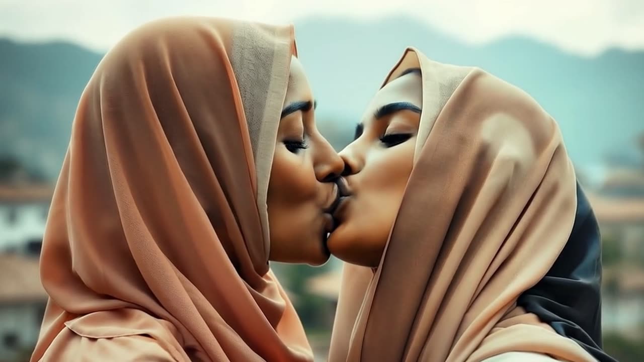 Muslim women sharing love with a kiss