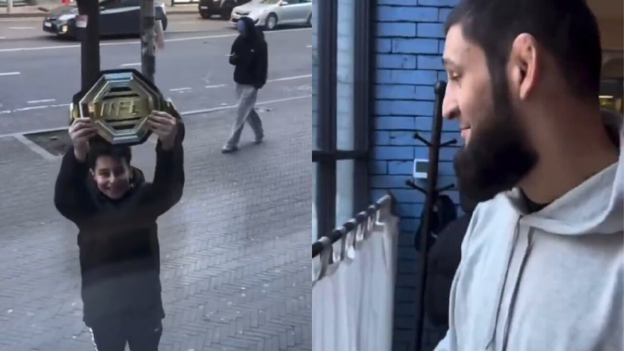 Young Fan Holding Up UFC Belt to Khamzat Chimaev Through a Window