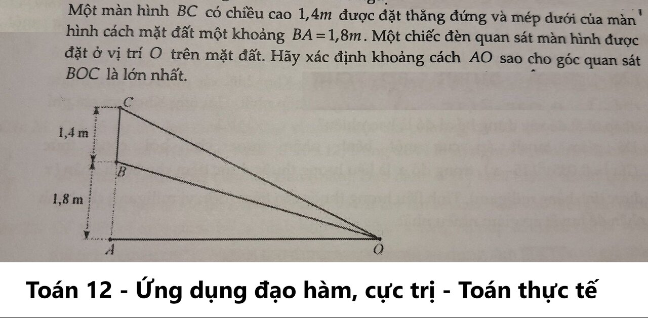 Toán 12: Một màn hình BC có chiều cao 1,4m được đặt thẳng đứng và mép dưới của màn hình cách mặt