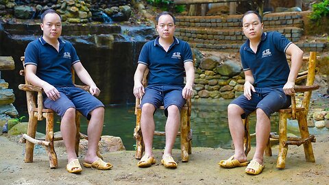 This man put together logs to make a primitive chair that is soft and gentle to sit on