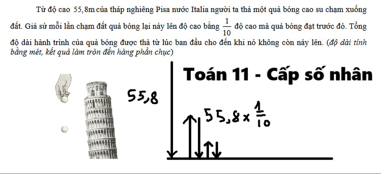 Toán 11: Từ độ cao 55,8m của tháp nghiêng Pisa nước Italia người ta thả một quả bóng cao su chạm