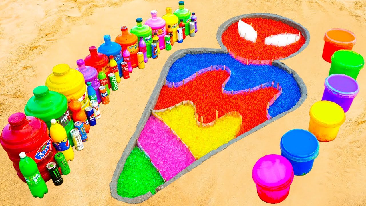 How to make Rainbow Ice Cream Cone Spiderman with Orbeez, Big Monster, Fanta, Coca Cola and Mentos