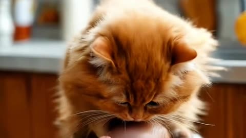 A happy ginger cat is washing a small, cheerful baby in a basin in the kitchen