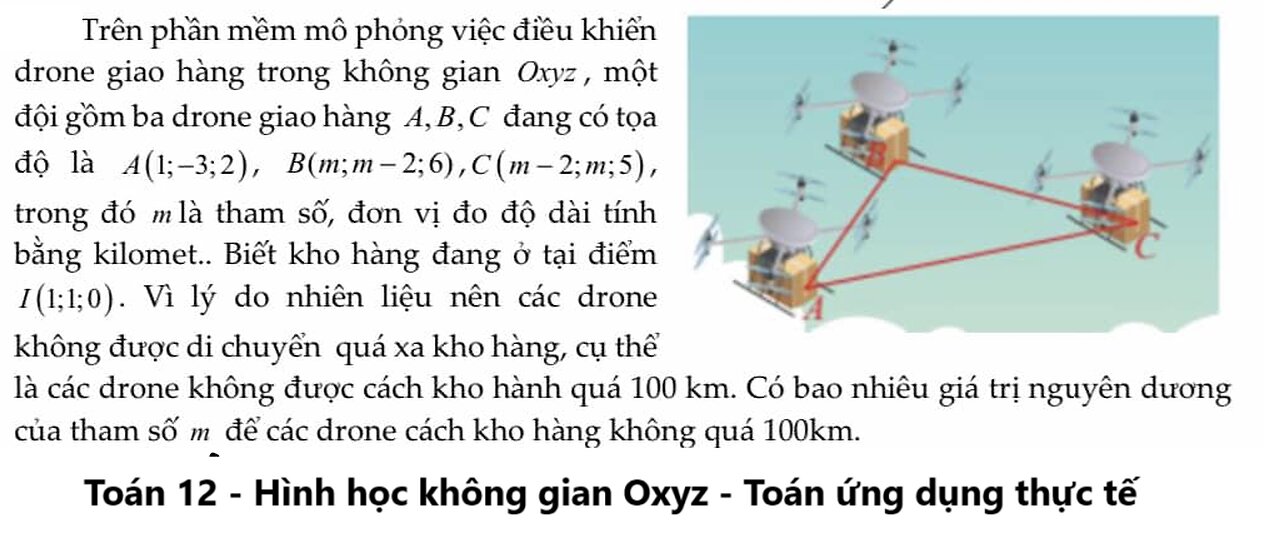 Toán 12: Trên phần mềm mô phỏng việc điều khiển drone giao hàng trong không gian Oxyz