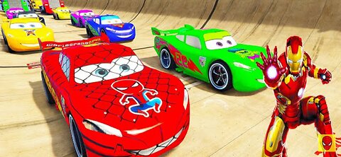 SPIDERMAN McQueen Friends CARS Mega Ramp Challenge! SUPERHERO HULK Mack Truck Epic Stunts - GTA V