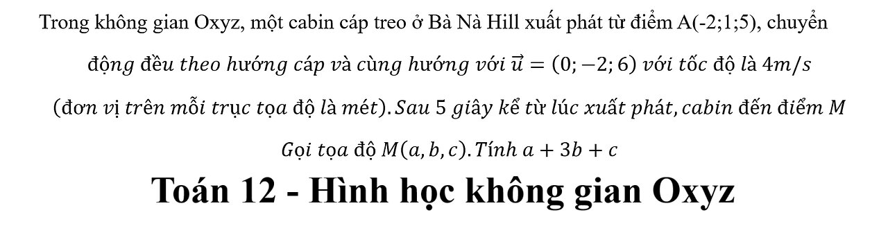 Toán 12: Trong không gian Oxyz, một cabin cáp treo ở Bà Nà Hill xuất phát từ điểm A(-2;1;5),