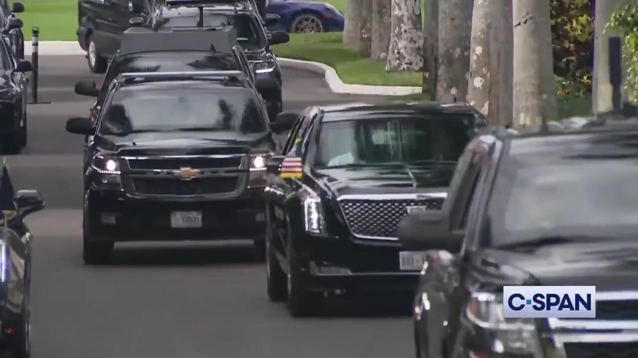 Trump steps out of 'The Beast' to greet supporters on President's Day.