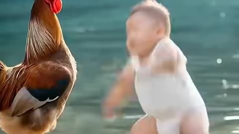 baby boy fighting with rooster