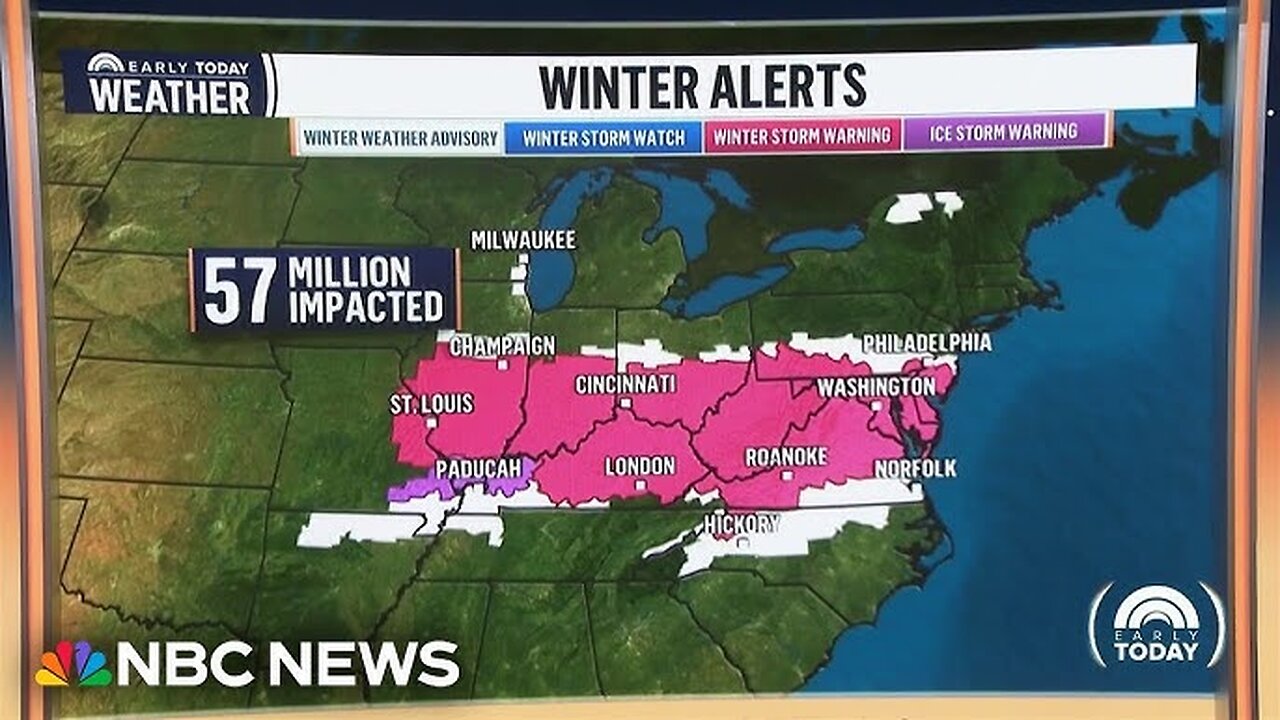 57 million impacted by snow and ice, with winter storms warnings from St. Louis to Washington