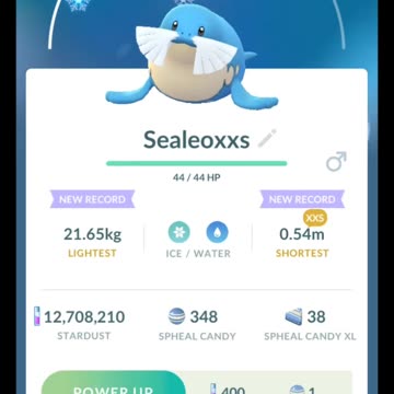 Pokémon GO-Evolving XXS Sealeo(Weight-21.65kg, Height-0.54m)