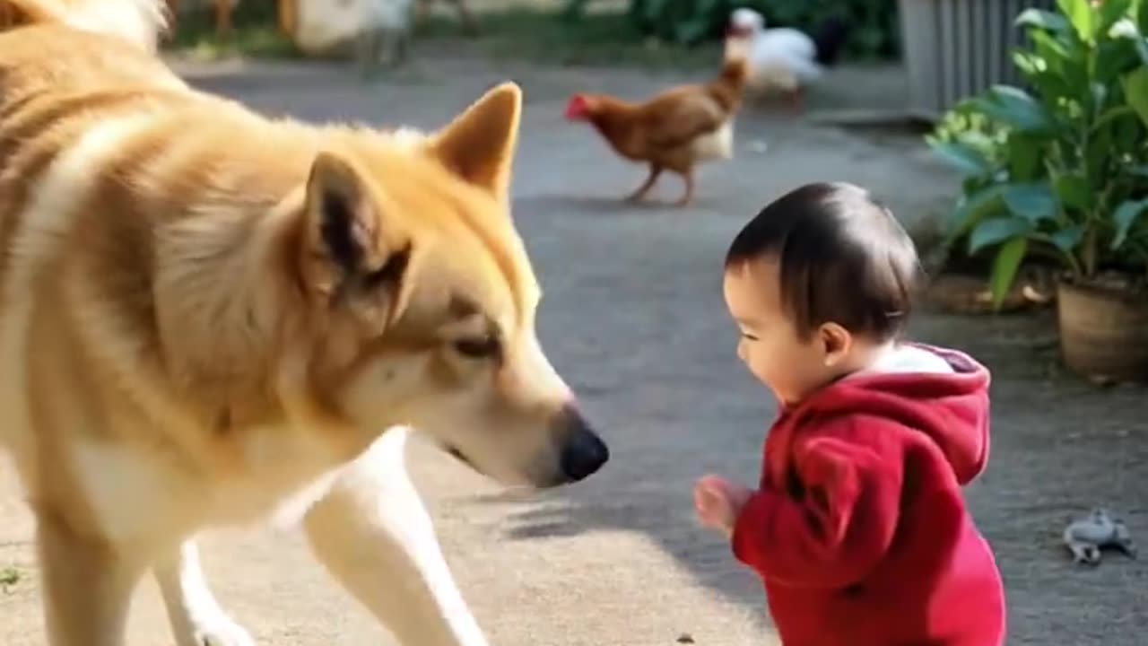 The child and the dog fight; they cooperate so well.