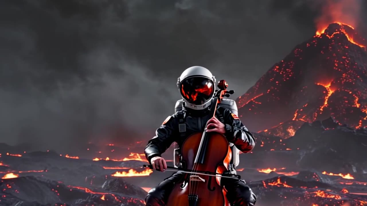 An astronaut sitting in the middle of a flowing larva from a voalcano, playing cello