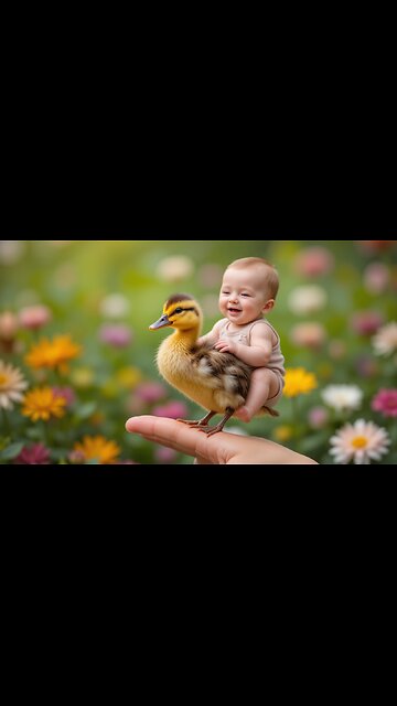 Baby's Joyful Ride on a Duckling: Cute Garden Adventure