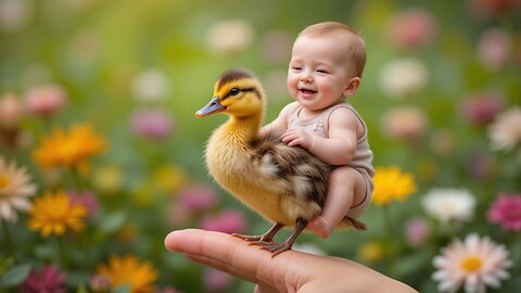 Baby's Joyful Ride on a Duckling: Cute Garden Adventure