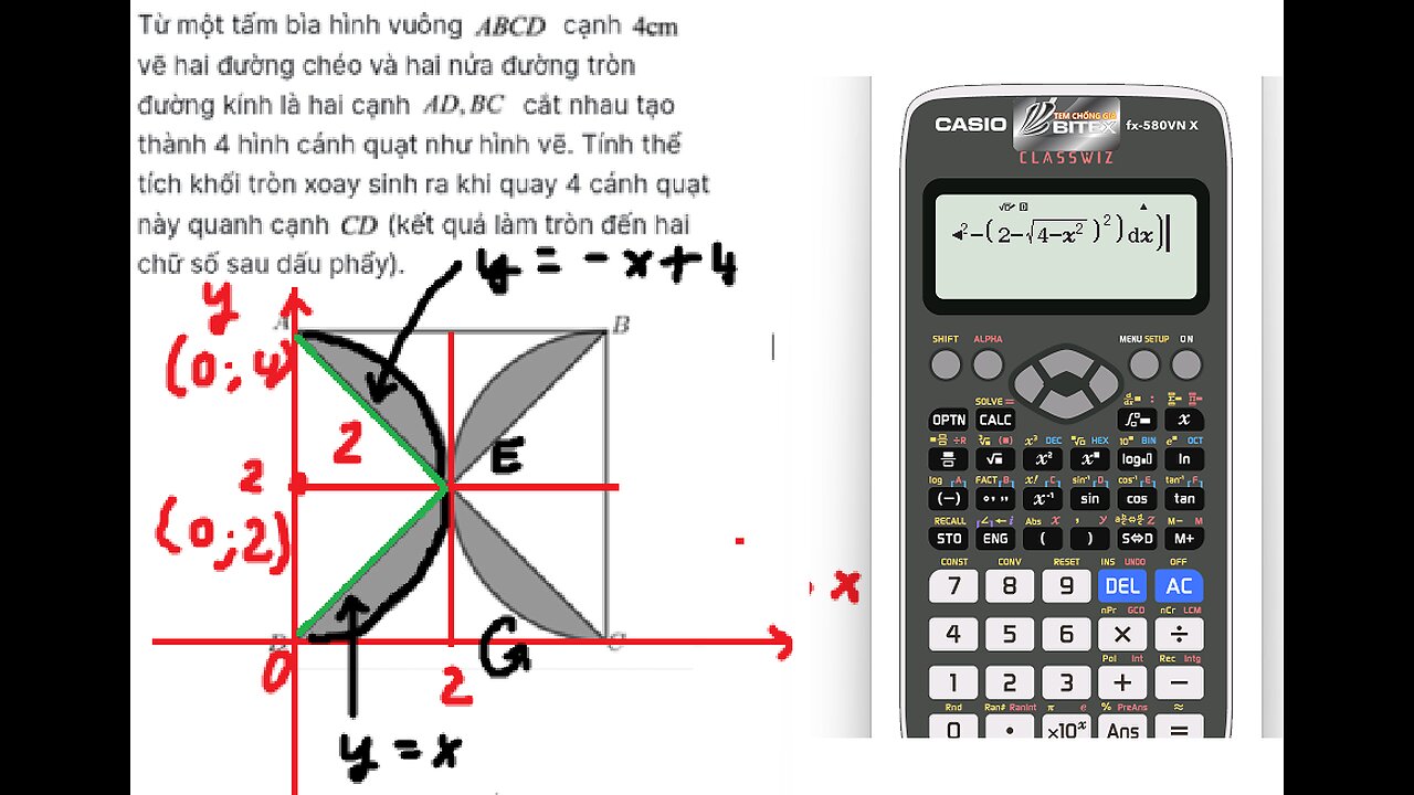 Từ một tấm bìa hình vuông ABCD cạnh 4 cm vẽ hai đường chéo và hai nửa đường tròn đường kính là hai