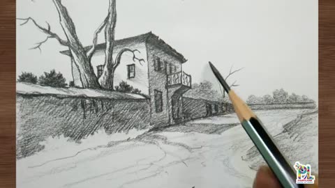 Old house in a street Scenery drawing and shading with easy pencil strokes