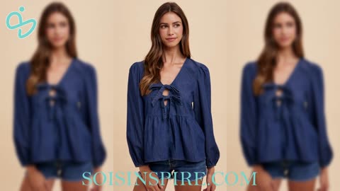 Annie Wear Tie Front Peplum Long Sleeve Denim Top