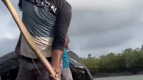 Big size eel fish catching in boat at outdoor