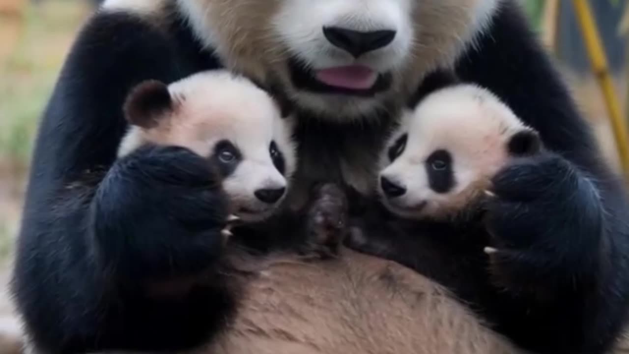 Panda protecting its cubs in the rain