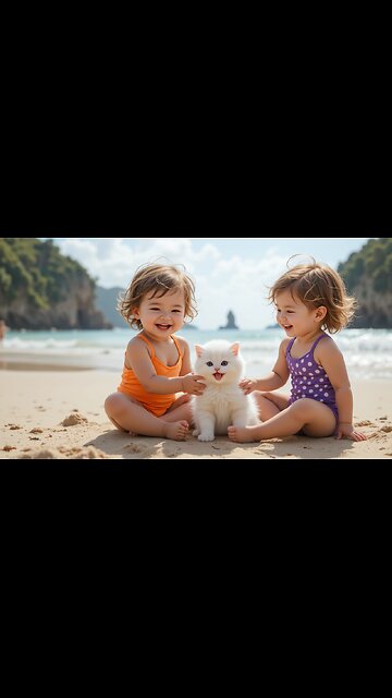 Cutest Beach Day: Kids with Their Adorable Cat! 🌊🐱❤️