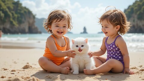 Cutest Beach Day: Kids with Their Adorable Cat! 🌊🐱❤️