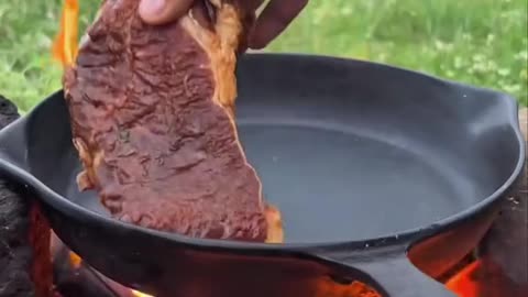 Cooking steak sandwiches in nature, served with vegetable salad