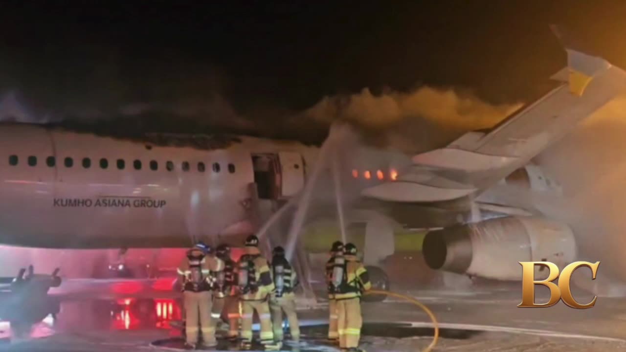 Passengers and crew evacuated as plane catches fire on South Korean runway