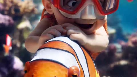 A lively and curious boy riding on the back of a realistic clownfish