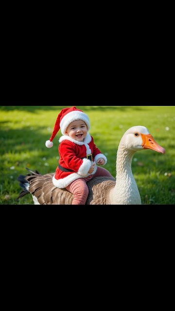 Joyful Baby in Santa Suit Riding a Goose! 🦆🎄😊