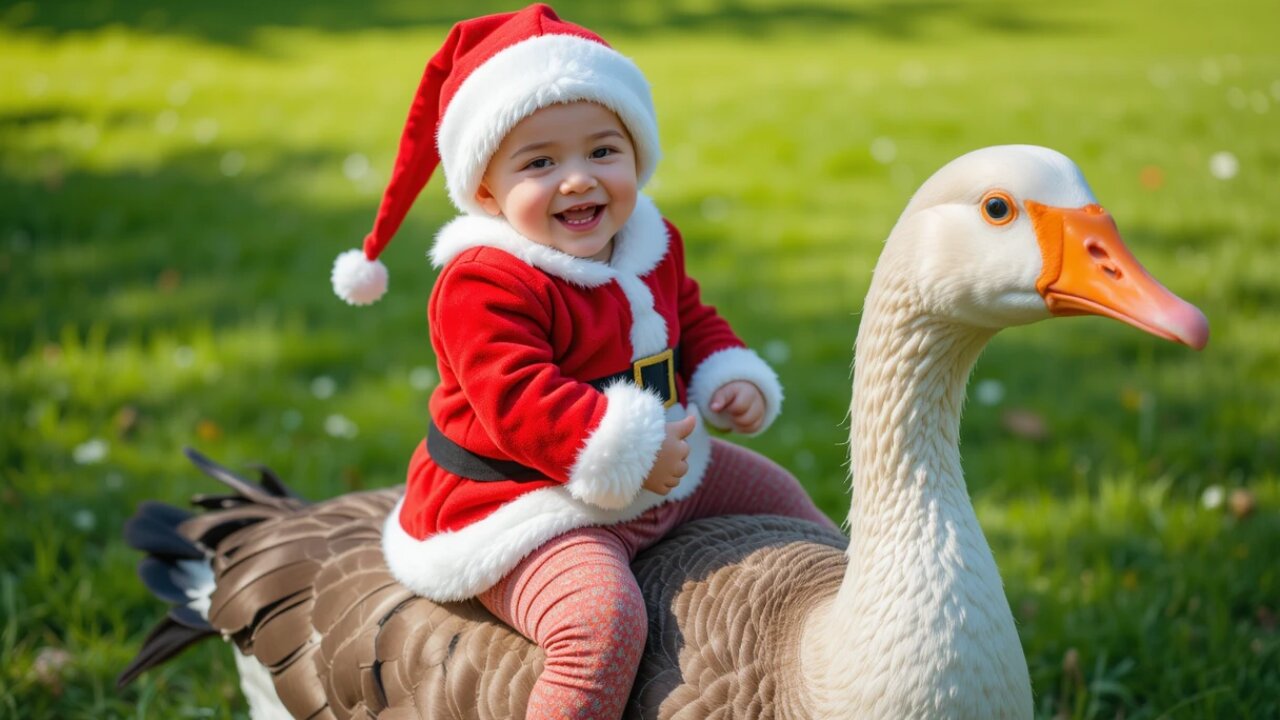 Joyful Baby in Santa Suit Riding a Goose! 🦆🎄😊