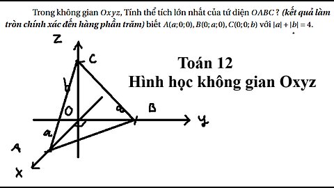 Trong không gian Ox y z, Tính thể tích lớn nhất của tứ diện O ABC ? (kết quả làm tròn