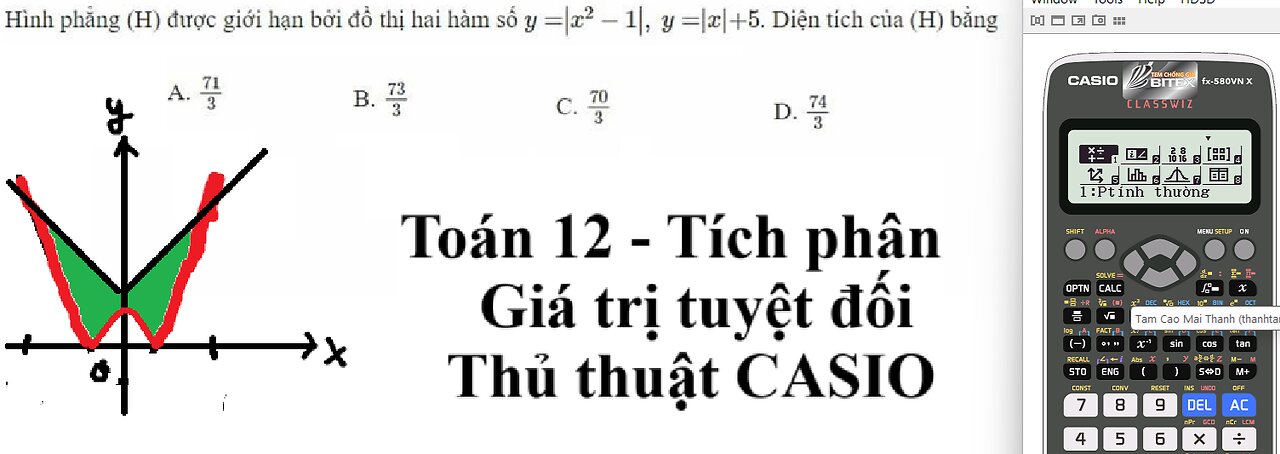 Toán 12: Hình phẳng (H) được giới hạn bởi đồ thị hai hàm số y=|x^2 -1|, y=|x|+5. Diện tích của (H)