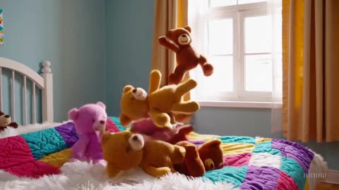 Bears jumping on a bed