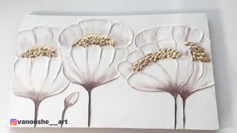 DIY White Flower Texture Art On Canvas 3D Flower Texture Painting Wall decor Ideas | Gold Leaf Art