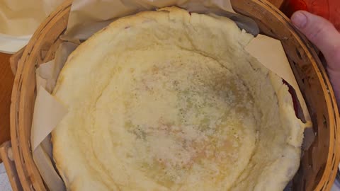 Filling Pre-Baked Pastry Pie Shell With Prepared Strawberry Fruit Filling
