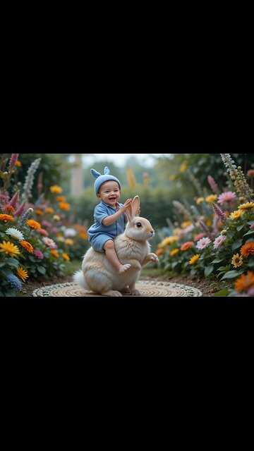 Baby's Adorable Ride on a Bunny in a Colorful Garden