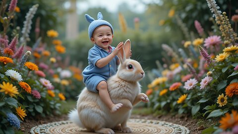 Baby's Adorable Ride on a Bunny in a Colorful Garden